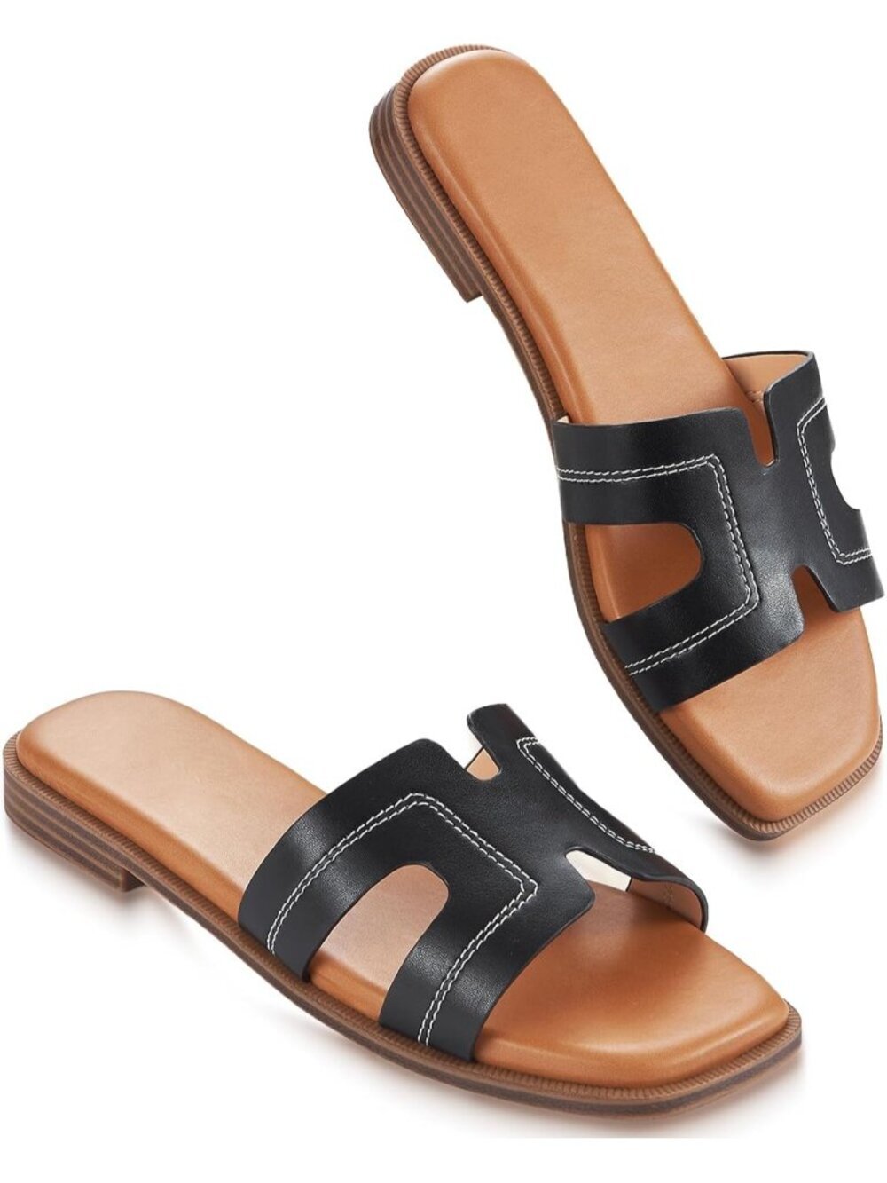 Women's Black Slip On Flat Soft Foam Slides Comfortable Leather Sandals